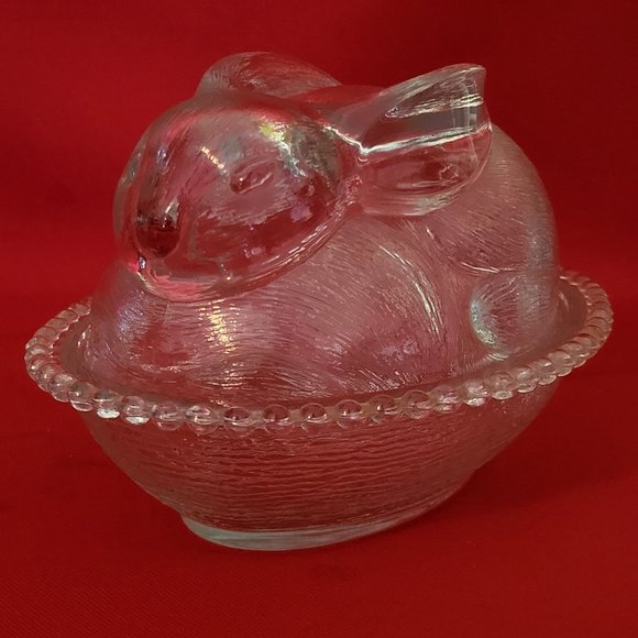 VTG Clear Glass Bunny Rabbit Covered Trinket Oval Candy Beaded Dish Translucent - Picture 12 of 15
